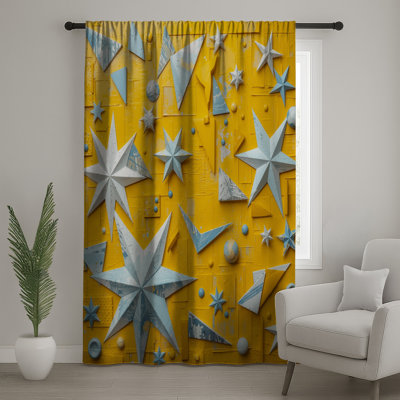 Yellow Blue Stars Window Curtains, Stars Sheer & Blockout Curtains - 1 Panel