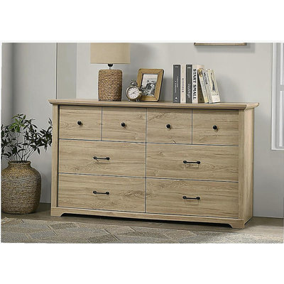 Elettra 57"W Light Oak Finish 6-Drawer Dresser with Black Handles