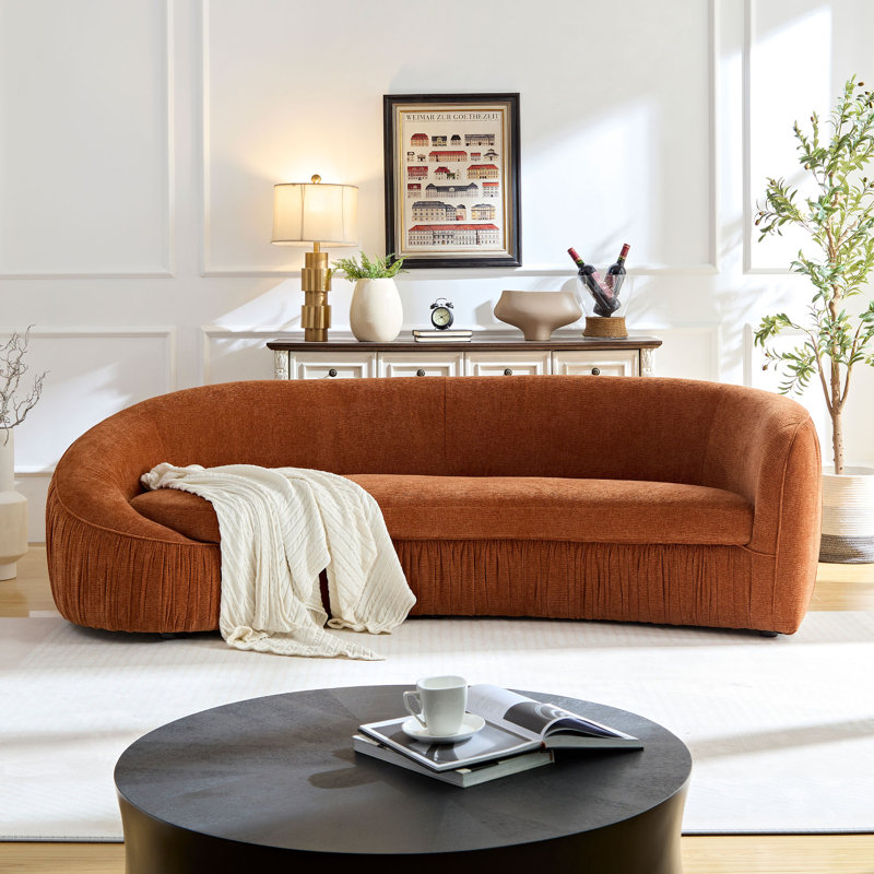 92" Upholstered Curved Sofa Modern Pleated Crafted 3-Seater Sofa - No Assembly Required, Orange Polyester