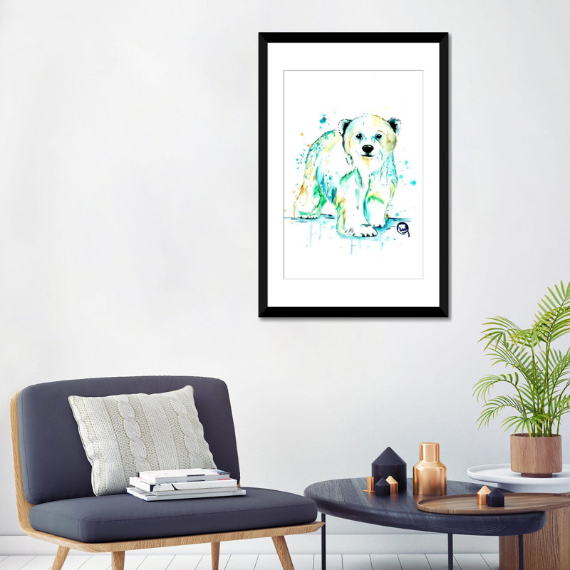 « polar bear baby »-impression sur toile tendue, H 32 po x l 24 po x P 1 po, Papier avec cadre noir, Blanc