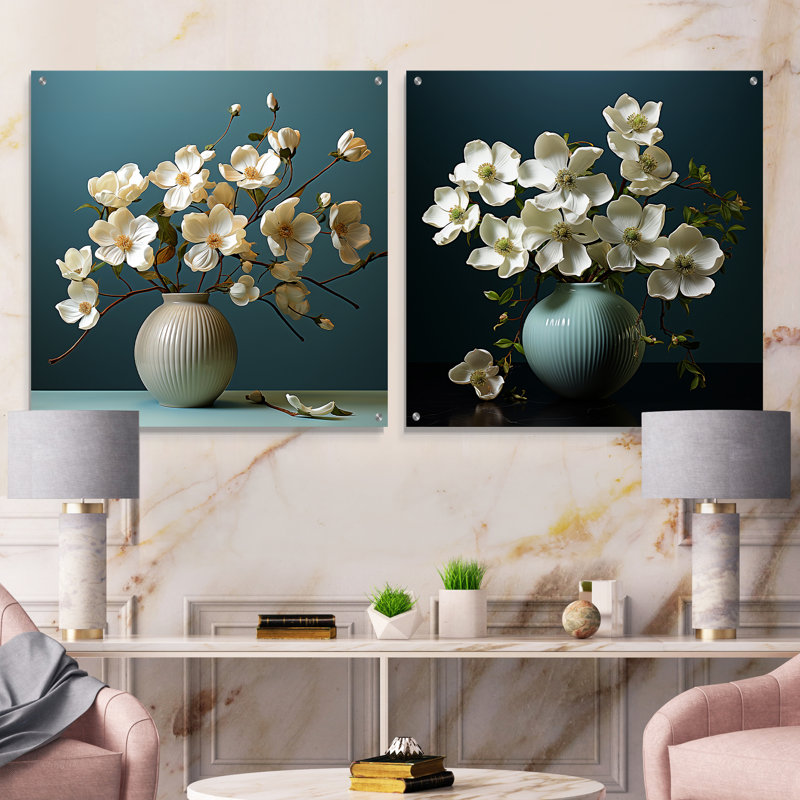 Cornouiller biologique Blooming Elegance - ensemble de 2 verres muraux en acrylique, H 36 po x l 73 po