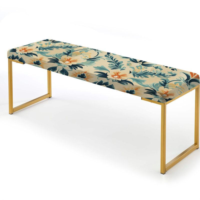 Upholstered Gold Bench, Blue And Orange Victorian Ikat Legacy