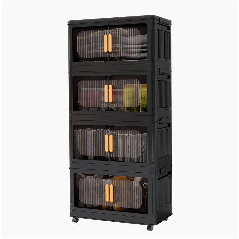 19.69" Side Wide Folding Storage Cabinet ,4 Tiers,19.69"×11.81"×40.55",Collapsible Storage Bins with Magnetic Door, Black