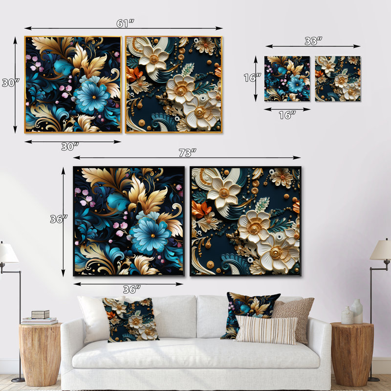 Keswick - Ensemble de 2 collages floraux et botaniques carrés, Cadre flottant noir, H 36 po x l 73 po
