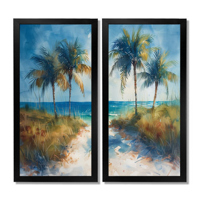 «Blue Green Palm Trees Coastal Breeze - Palmiers et palmiers, impression sur toile, art floral bleu, ensemble de 2