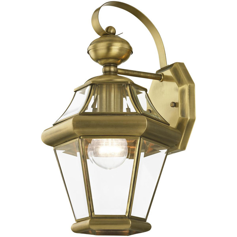 4 Light Outdoor Wall Lantern Pendant Lighting Fixture with Clear Beveled Glass Shade, Antique Brass