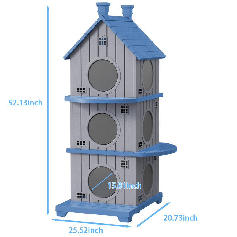 Maison pour chat d'intérieur en résine avec porche H 52,13 po (bleu), Bleu/Gris, H 52,13 po x l 25,52 po x P 20,73 po