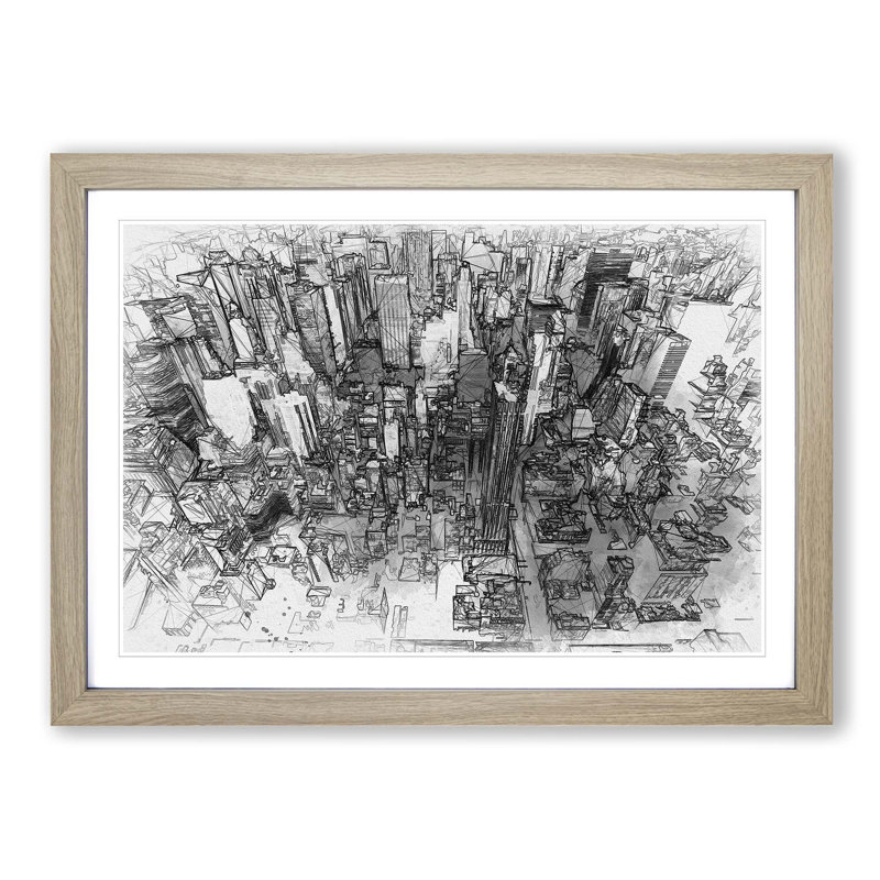 Birds Eye View of New York City in Abstract - Picture Frame Graphic Art Print on MDF, Oak Framed, 62cm H x 87cm W x 2cm D