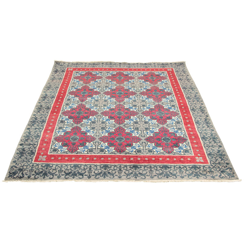 Tapis carré rouge en laine noué à la main de conception unique de style années 2010 rouge foncé / gris 8 pi 1 po Lexi-May Lexi-May