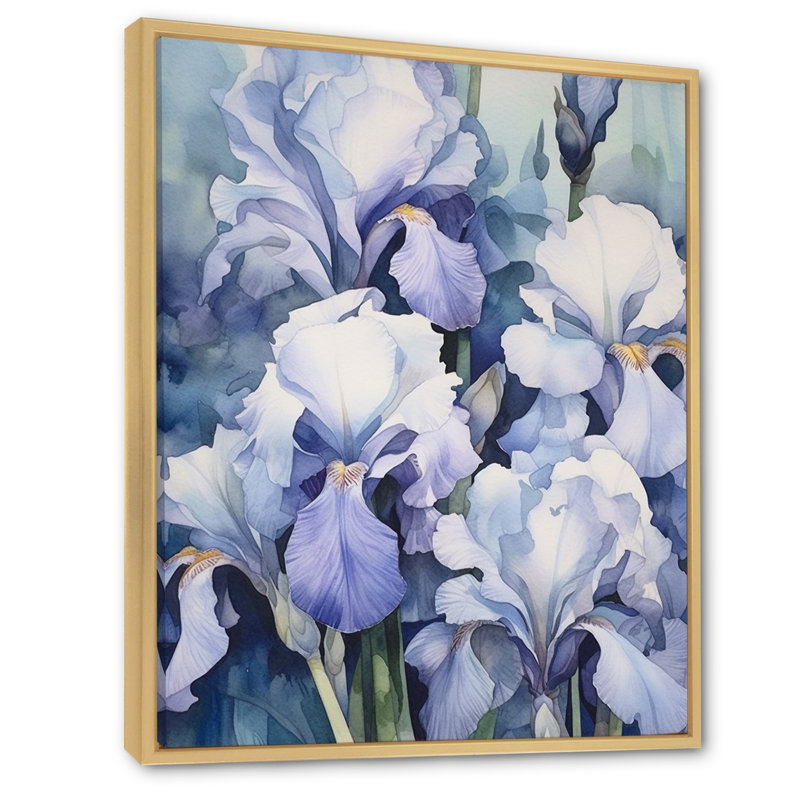 Pétales d'iris blancs et mauves sur toile, H 32 po x l 16 po x P 1 po, Cadre naturel flottant