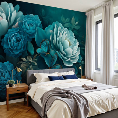 Papier peint pelez et collez, fleurs de pivoine bleu sarcelle, élégantes papillons muraux botaniques, H 100 po x l 144 po, papier peint amovible en PVC, adhésif mural pour chambre à coucher, bureau à domicile