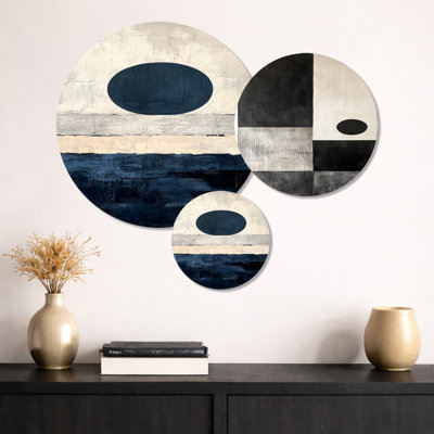 Midnight Circle Horizon – Abstract Mid-Century 3 Panel Metal Wall Decor Set