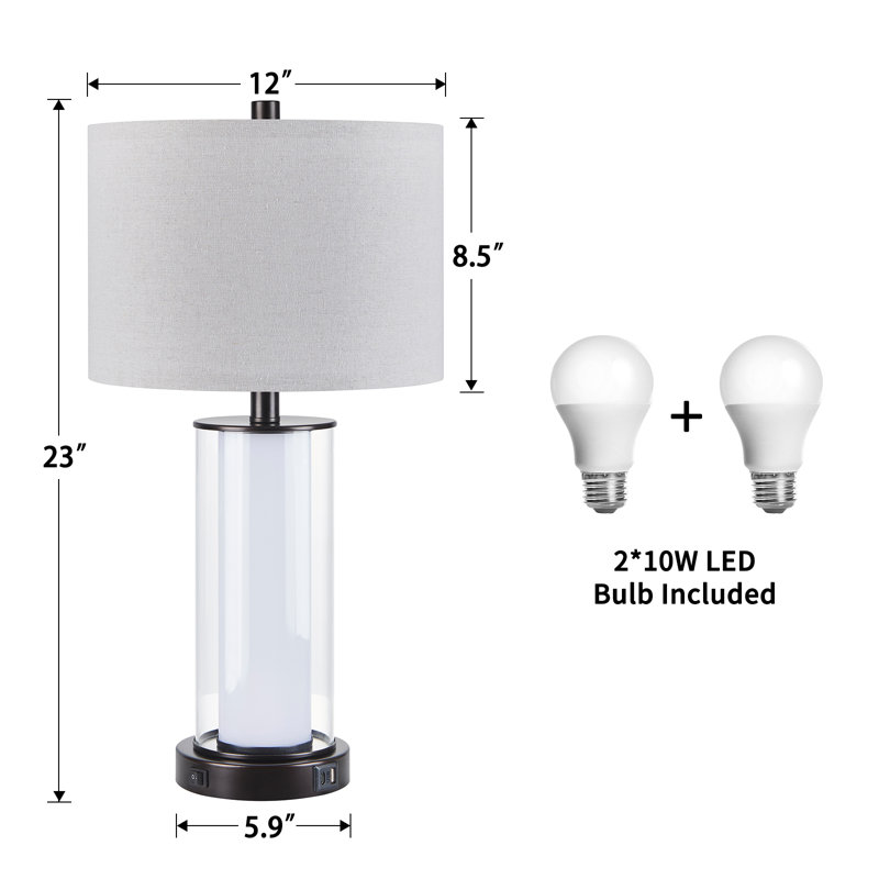 23.25'' Glass USB Table Lamp Set With Built-in Night Light