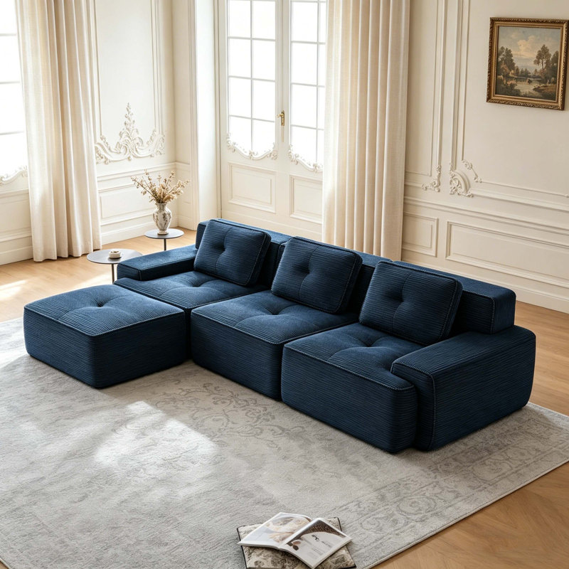 Canapé moderne en velours côtelé, Blue -3Seat+1Ottman