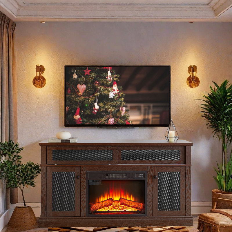 Electric Fireplace Tv Stand With Spacious Storage Console, Embossed Rustic Design, Remote Control, Cord Management, And Adjustable Shelves For Living Room