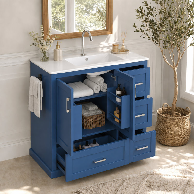Meuble-lavabo simple 42 po avec plateau en pierre, Blue