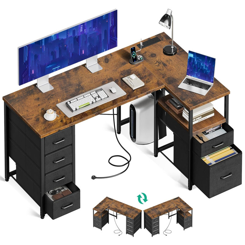 Corner Computer Desk With 1 Filing Cabinet And 5 Linen Drawers, L-Shaped Desk With Power Outlets, Brown/Black