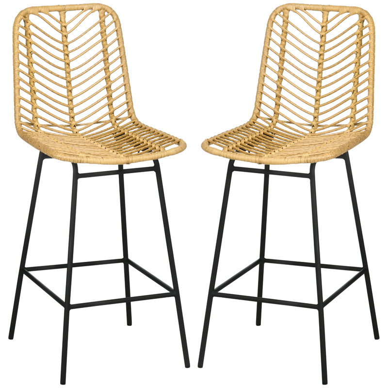 Rattan Bar Stools Set Of 2, 26 Inch Counter Height With Breathable Wicker Seat And Back For Boho Kitchen Decor