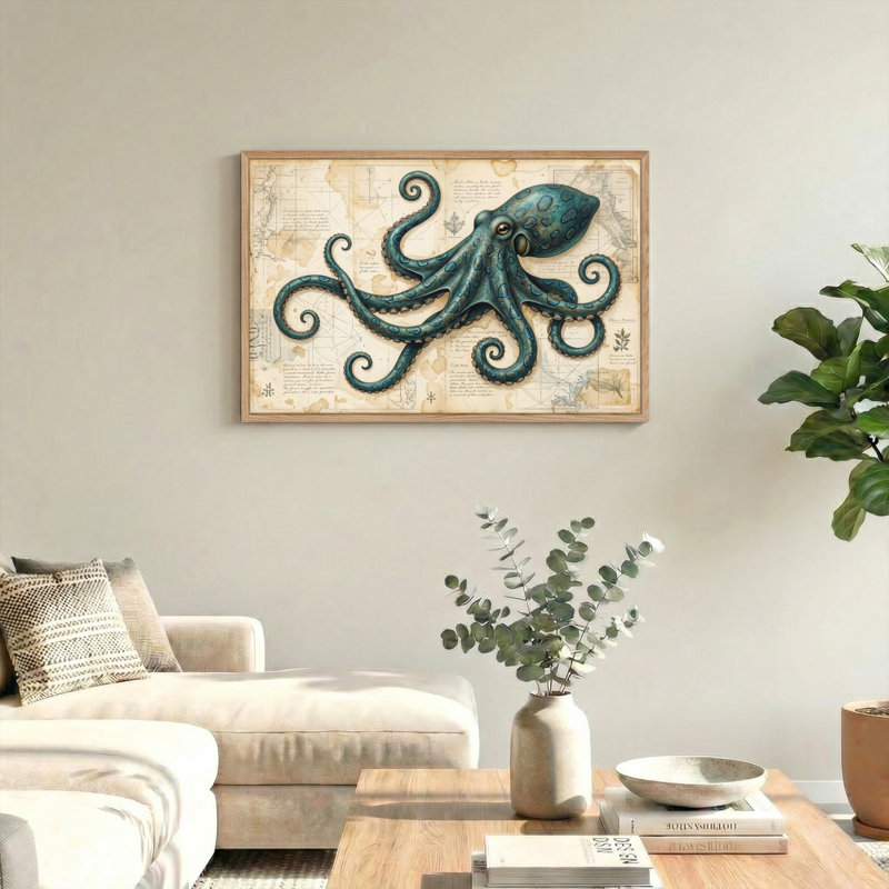 Ensemble de 1 tableau sur toile représentant une carte de pieuvre, 32"H x 48"W, Natural