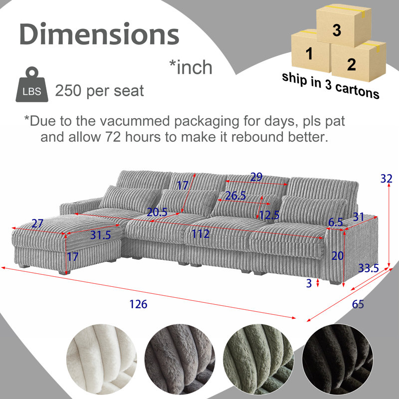 Arlynda 126"W Luxury Corduroy Modular Chaise Lounge RAF LAF Sectional, Ottoman, USB Port, Cup Holders, Black Corduroy