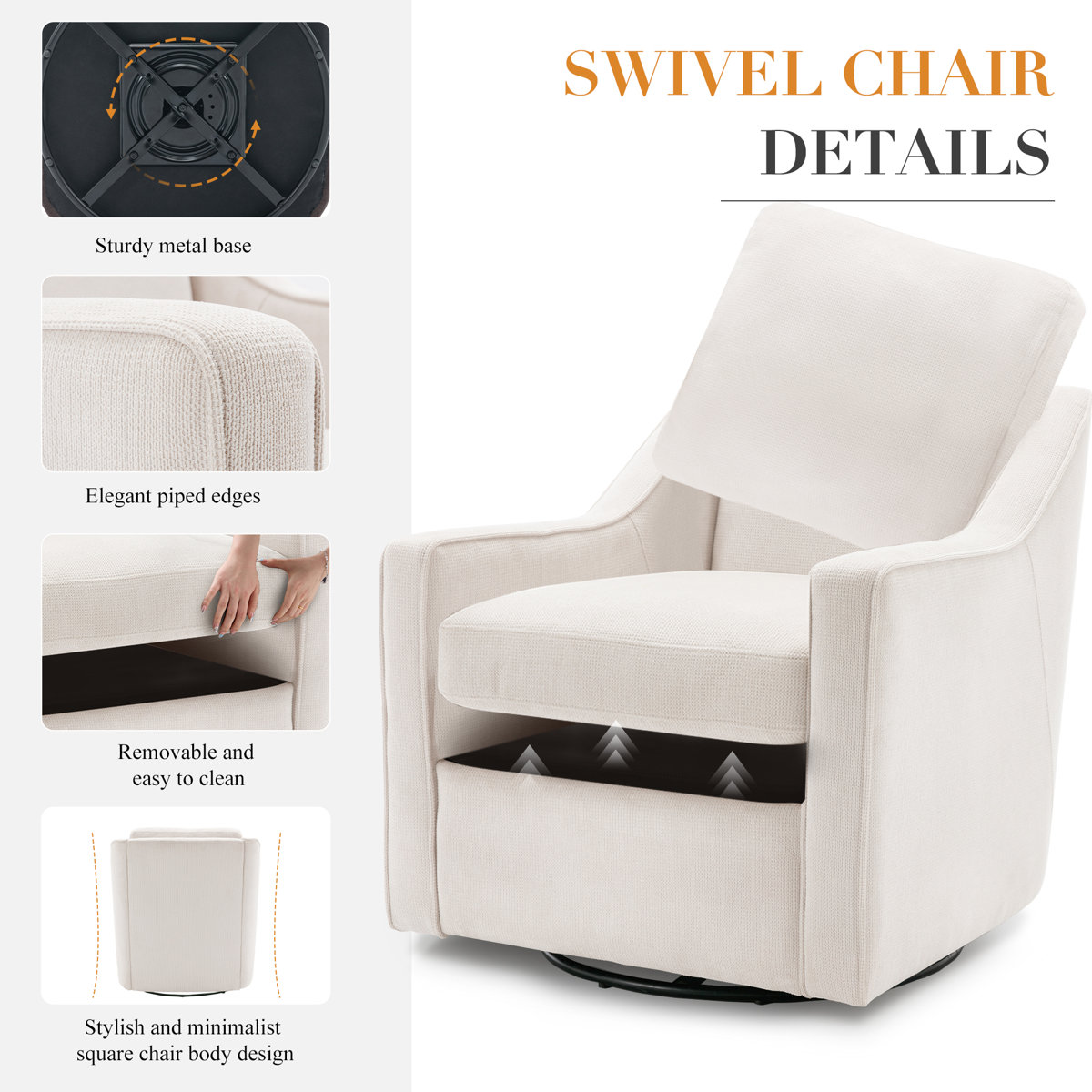 Charitini Big & Tall Removable Wide Swivel Accent Chair, Full Back Upholstered Fabric Lounge Chair, 360° Rotation, Modern Living Room Accent Chair