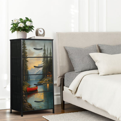 Dresser for Bedroom Dresser for Closet Mountain Lake Landscape Red Canoe Pine Forest Cozy Log Cabin Sunset Dressers &amp; Chests of Drawers Fabric Closet Organizers and Storage with 4 Drawers Storage Bins