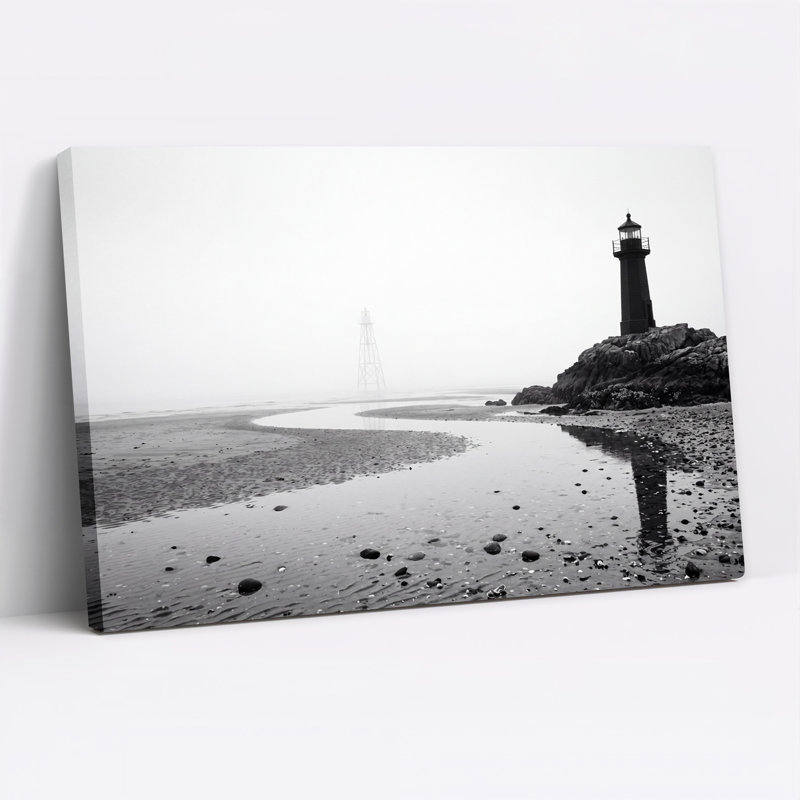 Art mural sur toile phare noir et blanc sur une côte rocheuse en brouillard, H 18 po x l 24 po