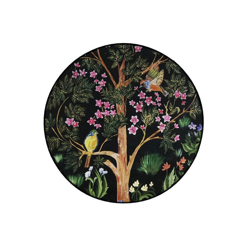 Tree Branch With Birds And Pink Flowers Detailed Woven Base Modern Decorative Carpet, Round 3'4"