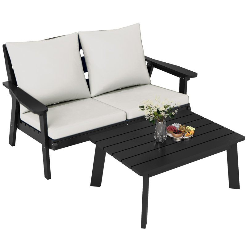 Canapé extérieur pour meubles de patio en PEHD, ensemble de conversation pour 4 personnes avec coussins, ensemble de conversation extérieure avec table basse pour patio (deux canapés + table basse)