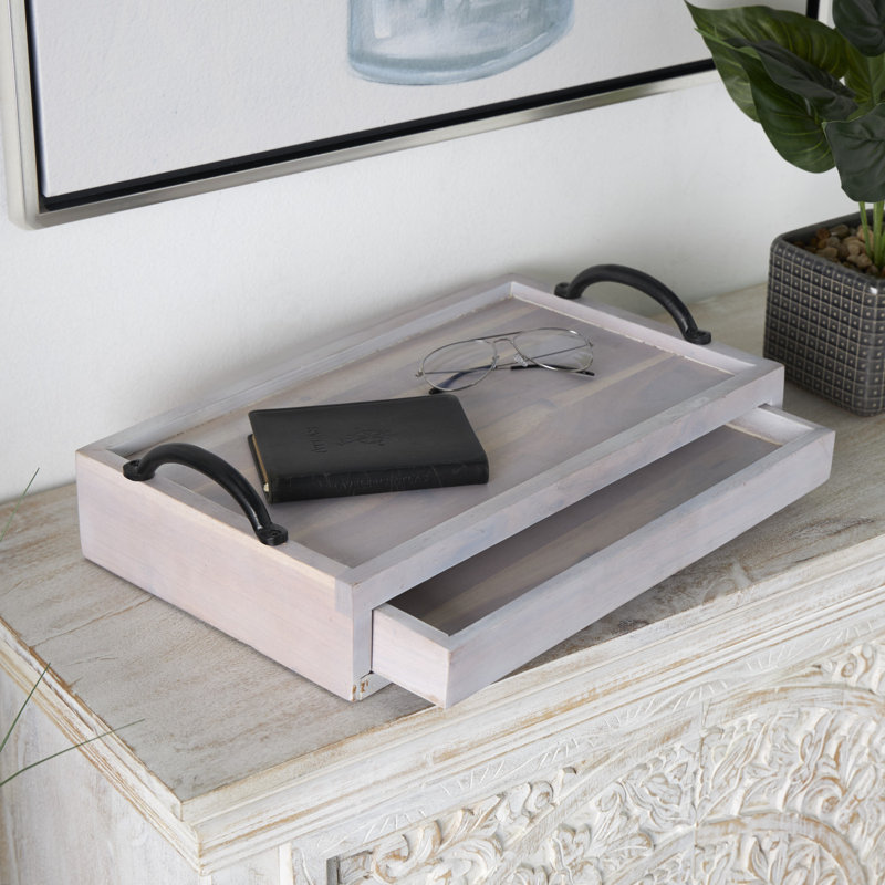 Wood Hidden Drawer Decor Tray with Black Metal Handles, Cream