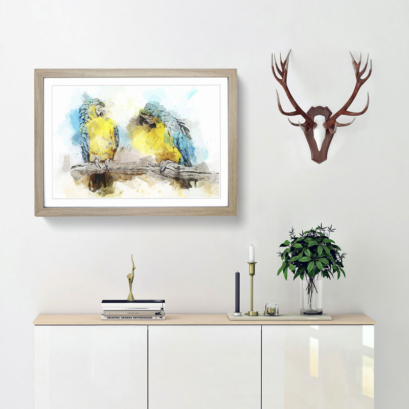 Two Blue and Yellow Macaw Parrots in Abstract - Picture Frame Painting Print, 27cm H x 36cm W x 2cm D, Oak Framed