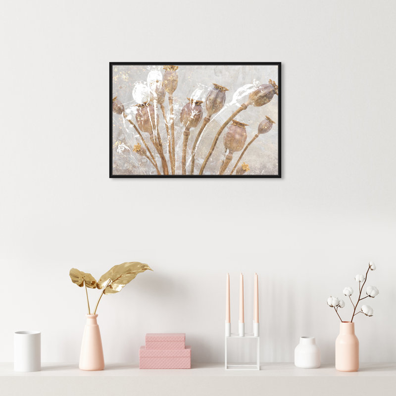 Coquelicots dorés - reproduction sur toile, Toile avec cadre noir, H 16 po x l 24 po x P 1,5 po
