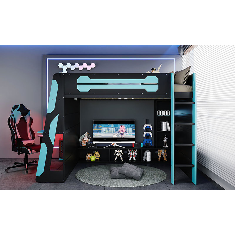 Lit mezzanine double en bois de couleur bleu nuage avec rangement sous le comptoir, éclairage et bureau latéral pour un espace de jeu parfait.