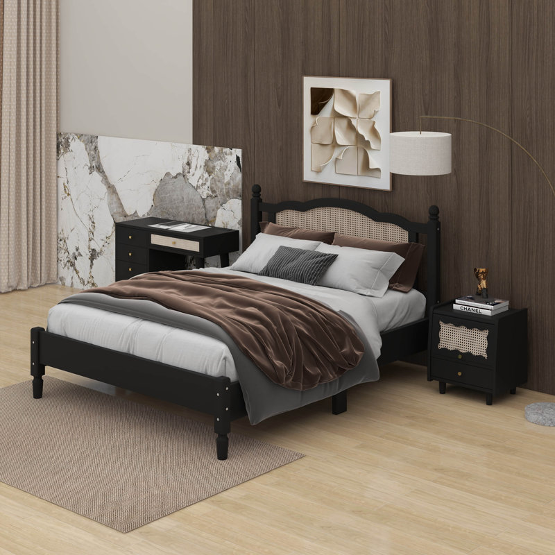 Ensemble de chambre à coucher 3 pièces avec cadre de lit en bois grand, Queen, Noir, noir, noir, noir
