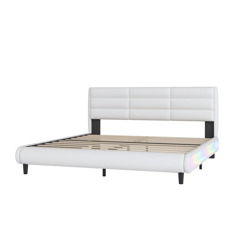 King Size Upholstered Platform Bed With LED Light Strips,White
