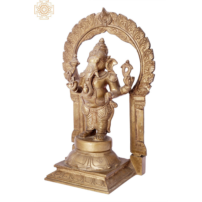 13" Standing Bhagawan Ganesha with Arch – Handmade Panchaloha Bronze Statue, Madhuchista Vidhana Lost-Wax Casting from Swamimalai, Traditional Indian Spiritual Décor
