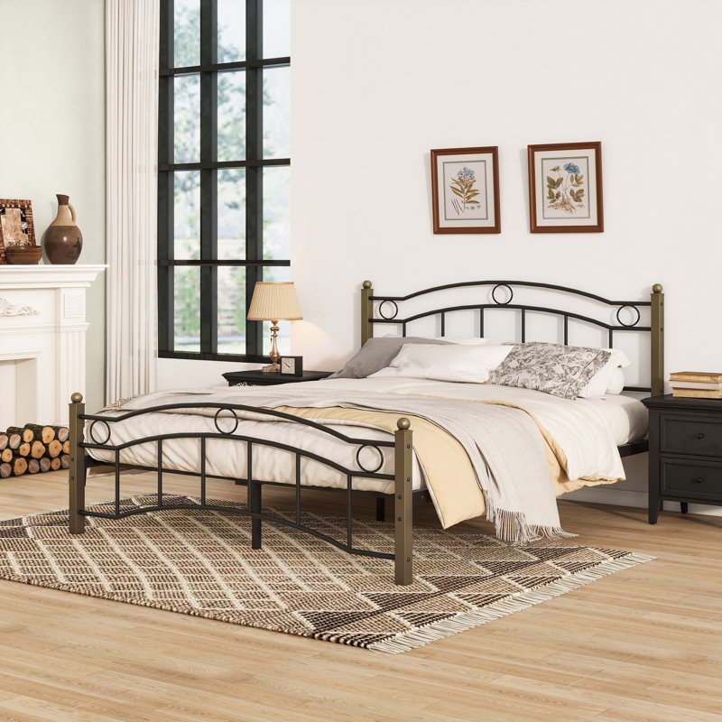 Structure de lit double en métal avec tête et pied de lit ondulés, lit plateforme noir et doré durable, Noir et or