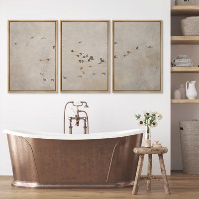 «Flock of Swans Flying In The Sky», ensemble de 3 reproductions d'art sur toile encadrées