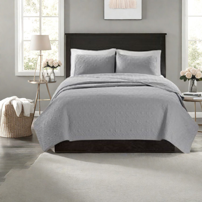 Reversible Quilt Bedding Set, Gray Cotton, Classic Pattern For All Seasons