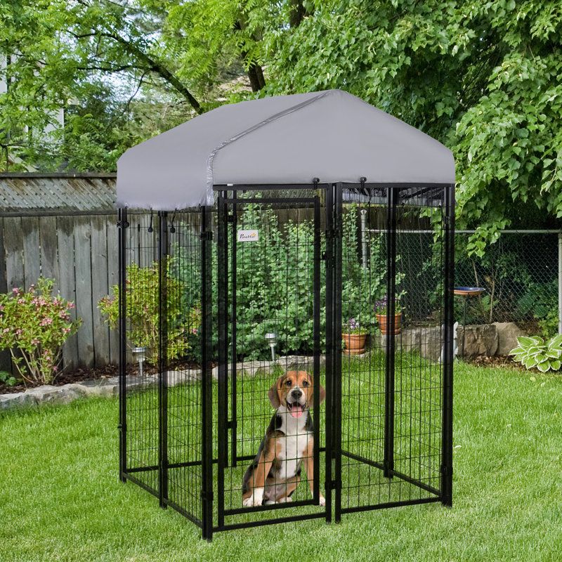 Grand chenil pour chiens recouvert pour l'extérieur, H 72 po x l 48 po x P 48 po, Gris / noir