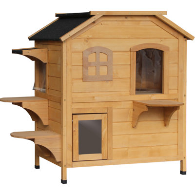 Outdoor Cat Enclosure 2-story - Wooden House With Escape Hatch For Cats Under 10 Pounds, Openable Roof, Jumping Platforms, White Door, Platforms Cats,