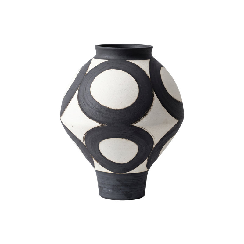 Vase en résine peinte à la main Wabi-Sabi, vase décoratif en cercle abstrait noir et blanc de 13 po, centre de table console de campagne moderne