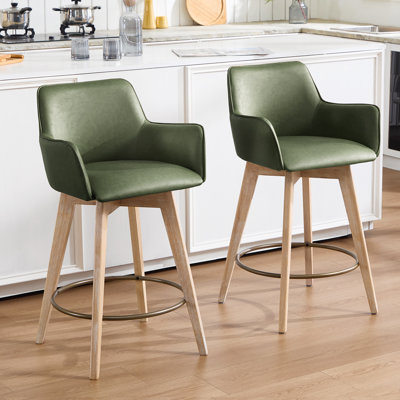 Lovetro Mid-Century Modern 26" H Swivel Leather Counter Stool with Wire-Brushed Solid Wood Legs