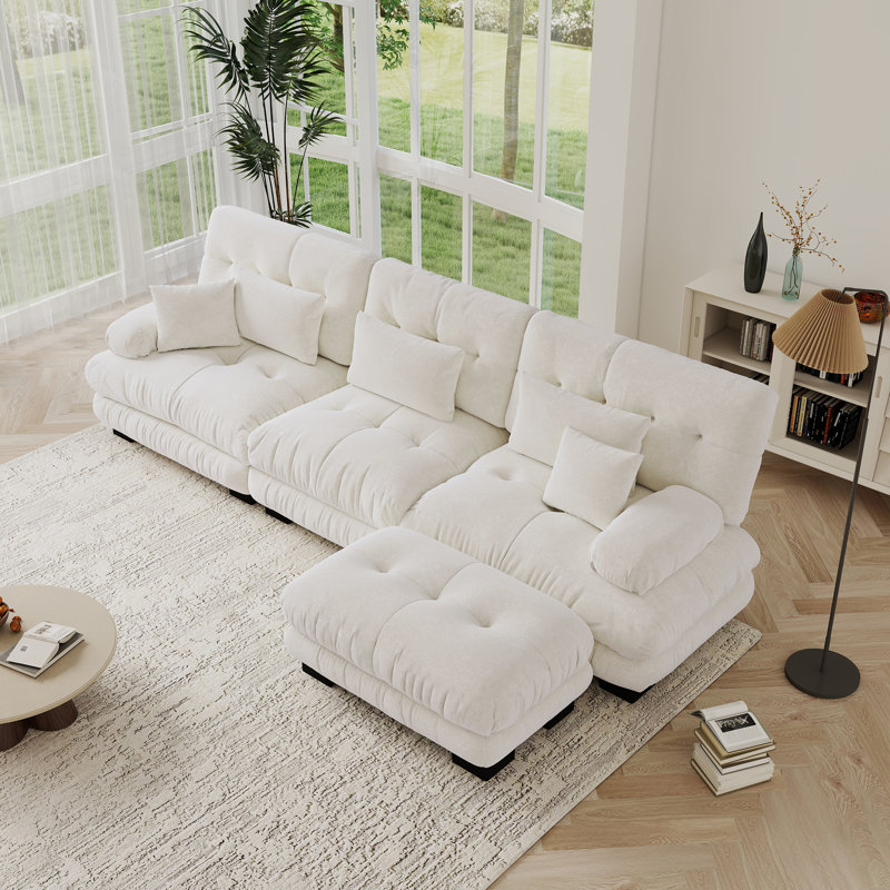 Cloud Couch L Shape Sofa For Living Room Set, Chenille Fabric, Beige Chenille
