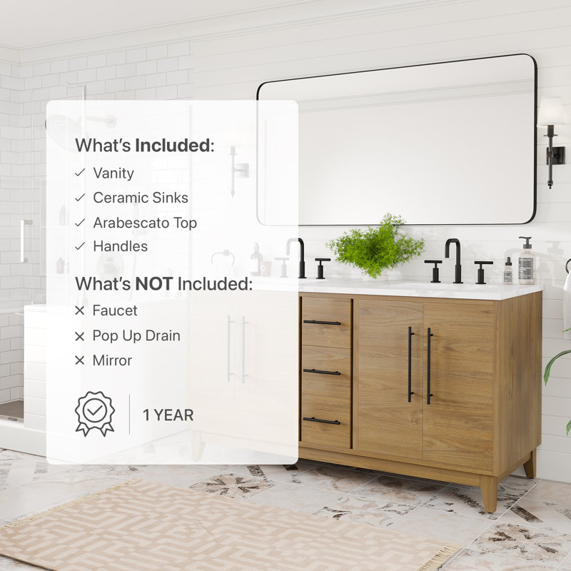 Meuble-lavabo double en chêne Burtch l 60 po x P 22 po avec comptoir en pierre d'ingénierie Arabescato