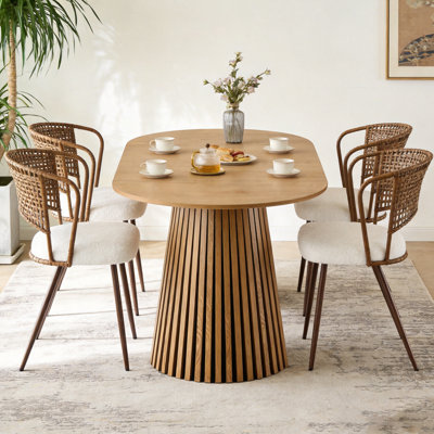 Harvestweave Farmhouse Solid Wood Dining Table with 4 Piece Wicker Dining Chair