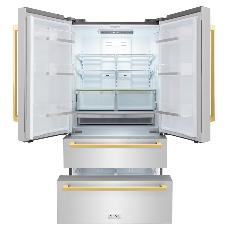 Zline 36 In. Autograph Edition 22.5 Cu. Ft 4-door French Door Refrigerator With Ice Maker In Black Stainless Steel With Polished Gold Square Handles