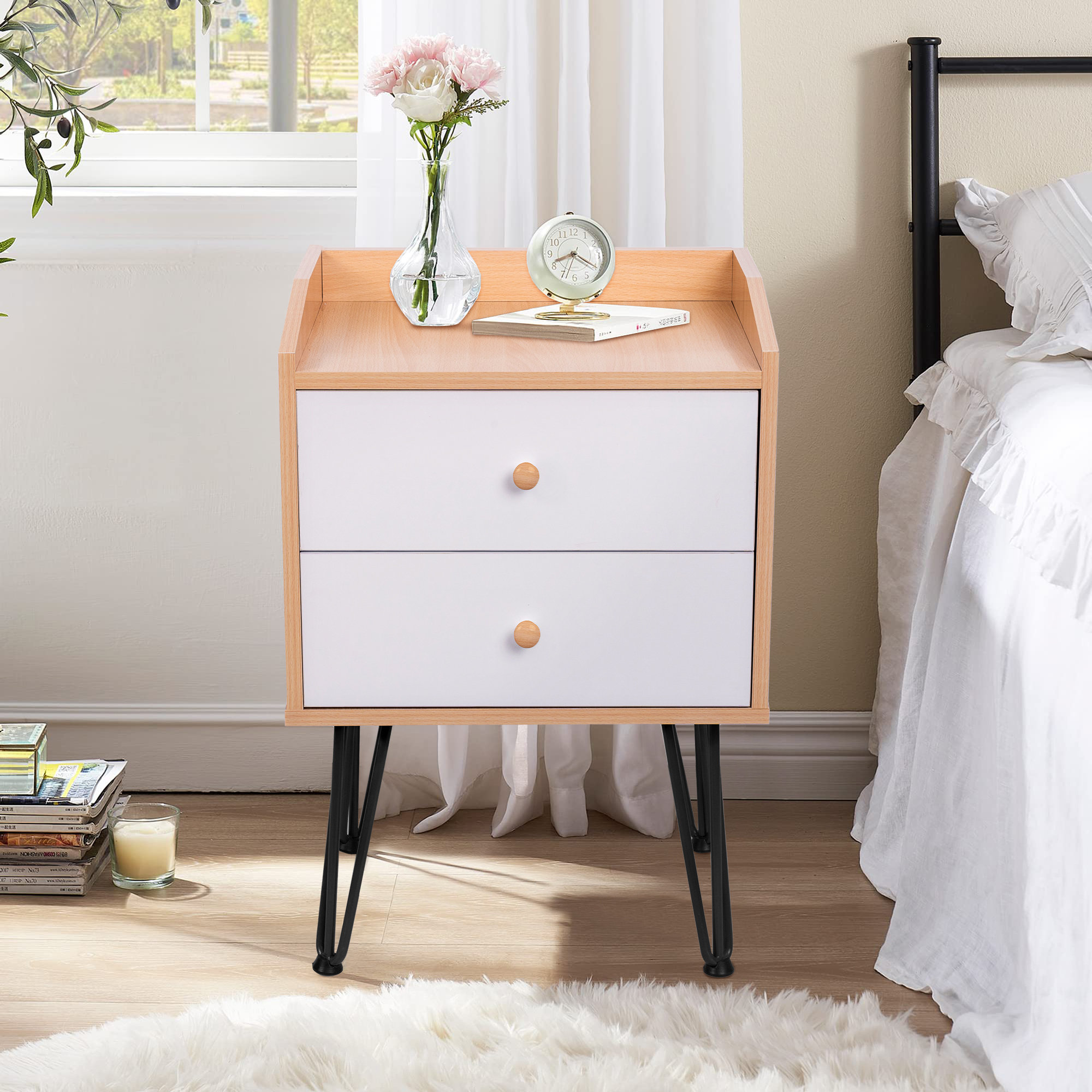 Brackett Plug-In Wood End Table with Storage Shelf 2 Drawers Nightstand Side Table Cabinet Bedside Furniture Wade Logan Color: White