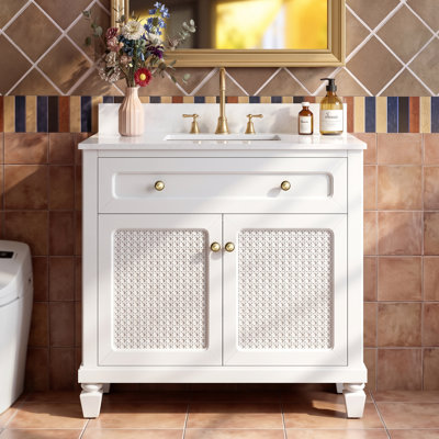 Meuble-lavabo sur pied simple 36 po avec comptoir en marbre d'ingénierie, lavabo en céramique, dosseret