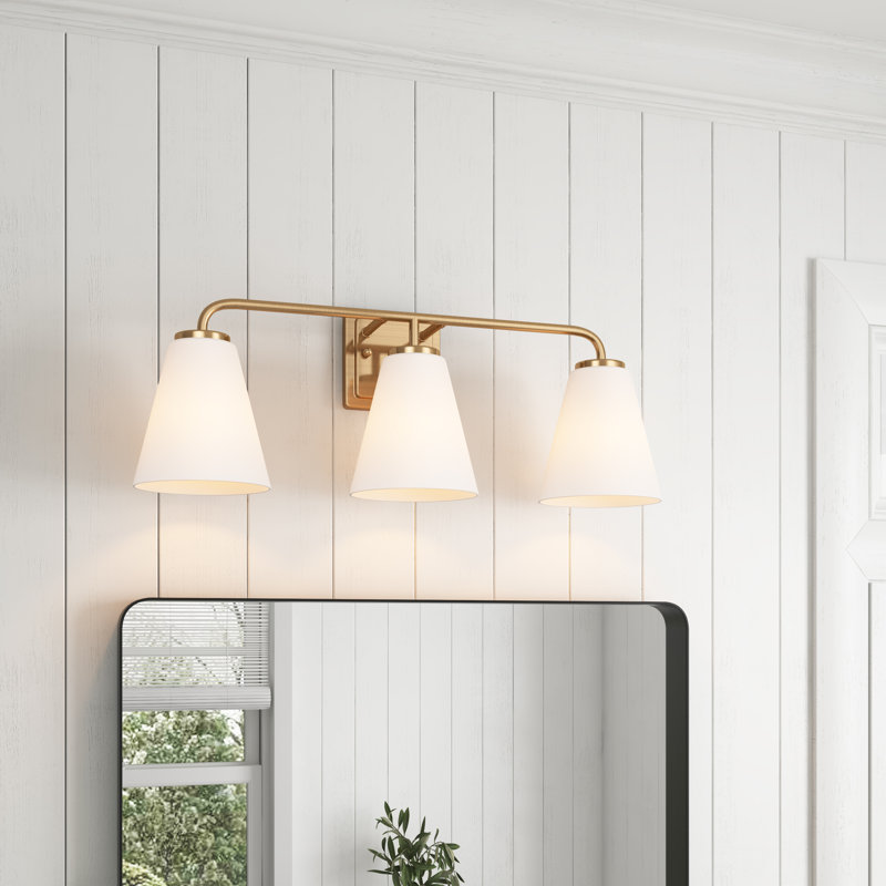 3 Light Brass Gold Bathroom Light Fixtures with Beige Glass
